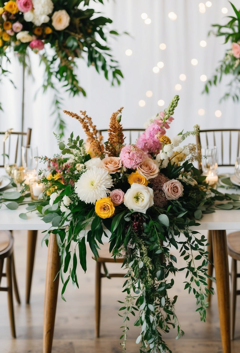 A head table adorned with boho chic floral arrangements in a variety of colors and textures