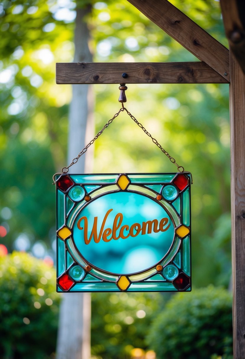 A glass art welcome sign with intricate designs and vibrant colors, hanging from a rustic wooden frame