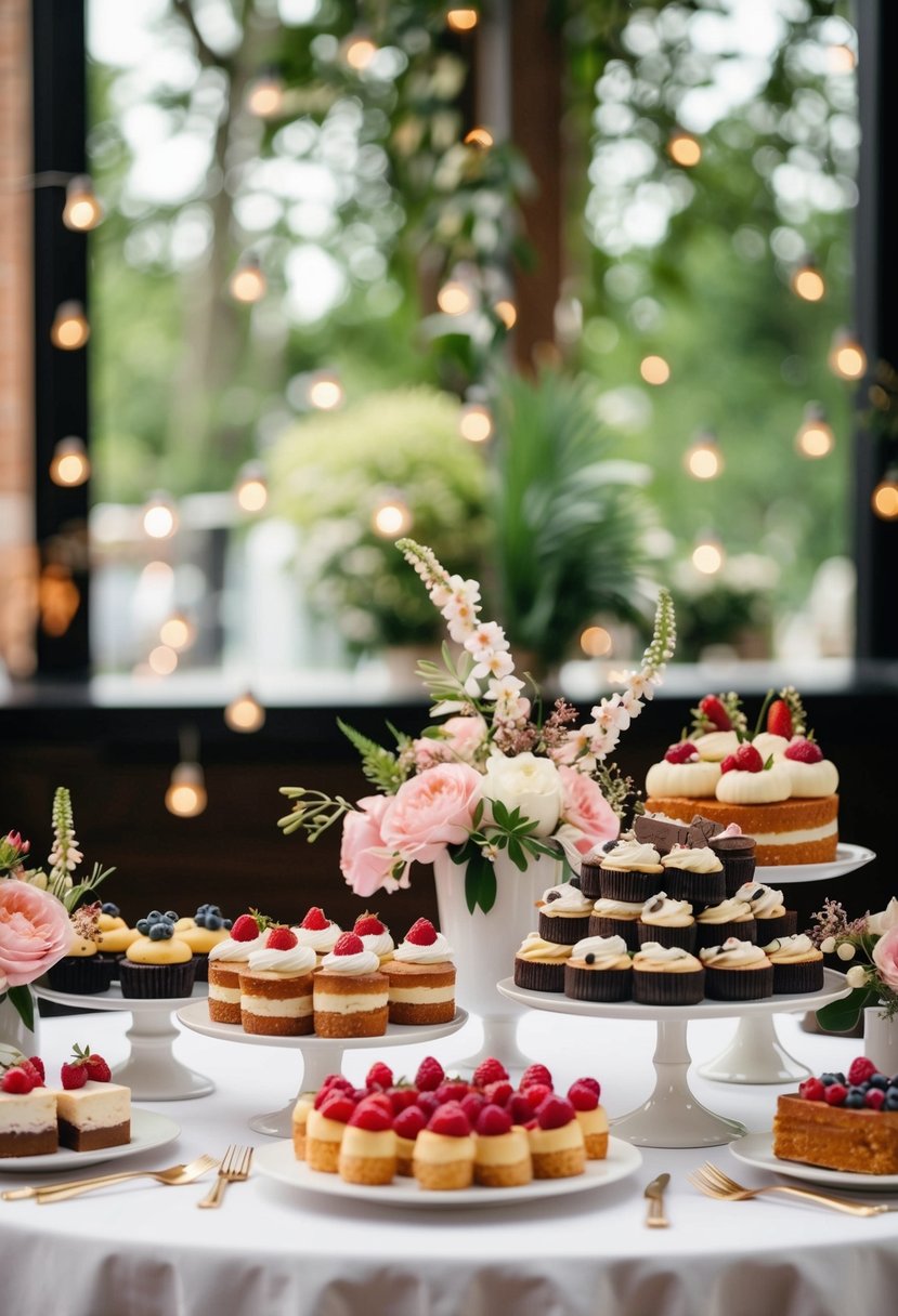 A table with an assortment of elegant desserts and floral decorations