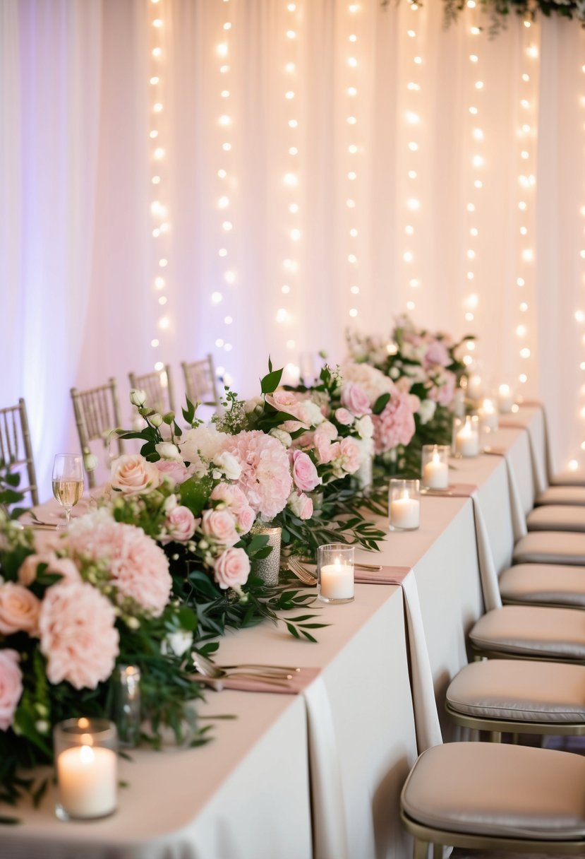 A long, elegant head table adorned with soft pink floral arrangements and romantic neutral-colored linens, set against a backdrop of twinkling fairy lights and delicate drapery