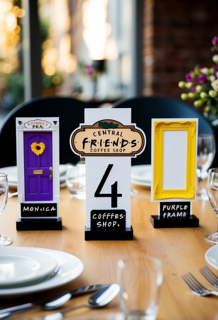 A set of table numbers designed with iconic elements from the TV show Friends, such as the Central Perk coffee shop sign, the purple door of Monica's apartment, and the yellow picture frame on the door