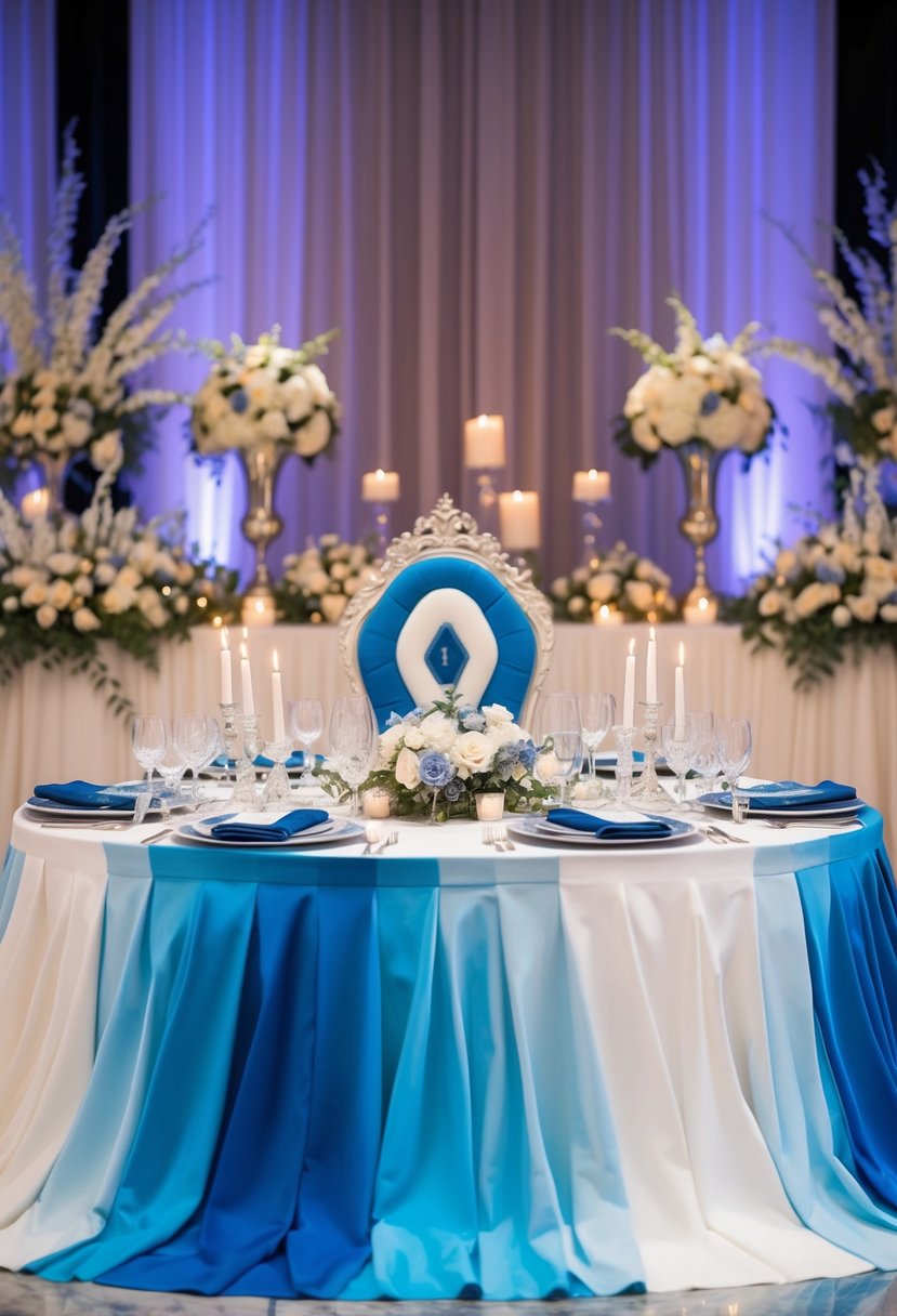 A grand king's table adorned with ombre designs in shades of blue and white, set against a backdrop of elegant floral arrangements and soft candlelight