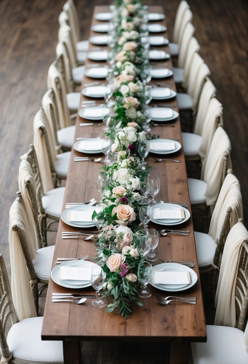 A long wooden table adorned with floral centerpieces and elegant place settings, surrounded by chairs draped in flowing fabric