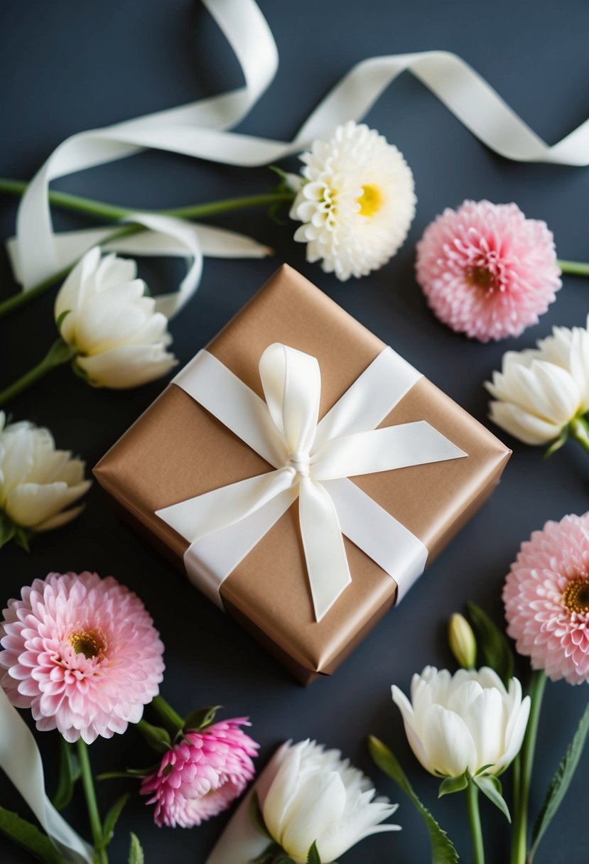 A beautifully wrapped gift box surrounded by blooming flowers and elegant ribbons