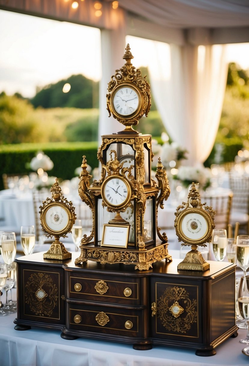 An ornate antique display adorns the head table at a wedding, featuring elegant decor and vintage charm