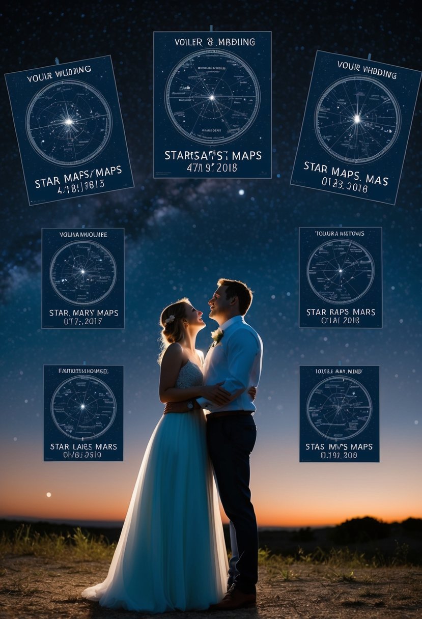 A couple stargazing under a night sky, surrounded by personalized star maps representing their wedding date and location