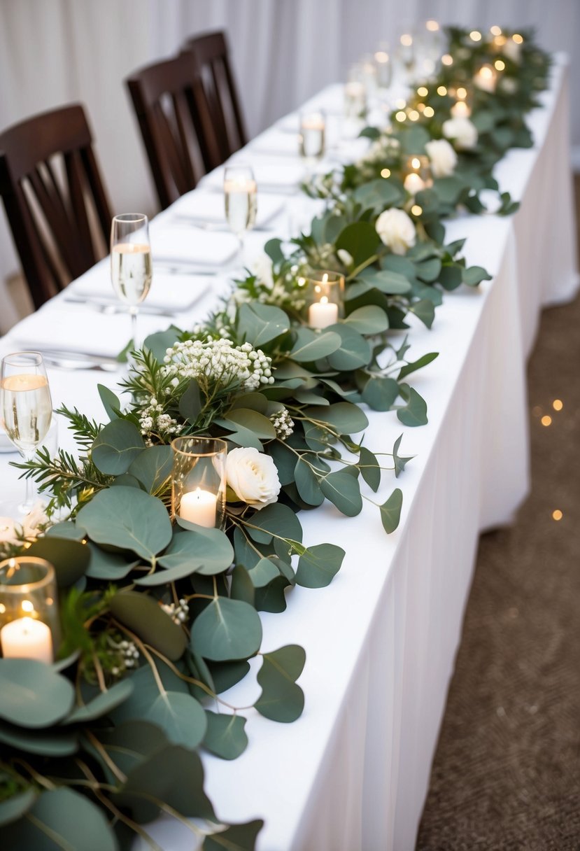 A long, lush eucalyptus garland drapes across a wedding head table, intertwined with delicate white flowers and twinkling fairy lights