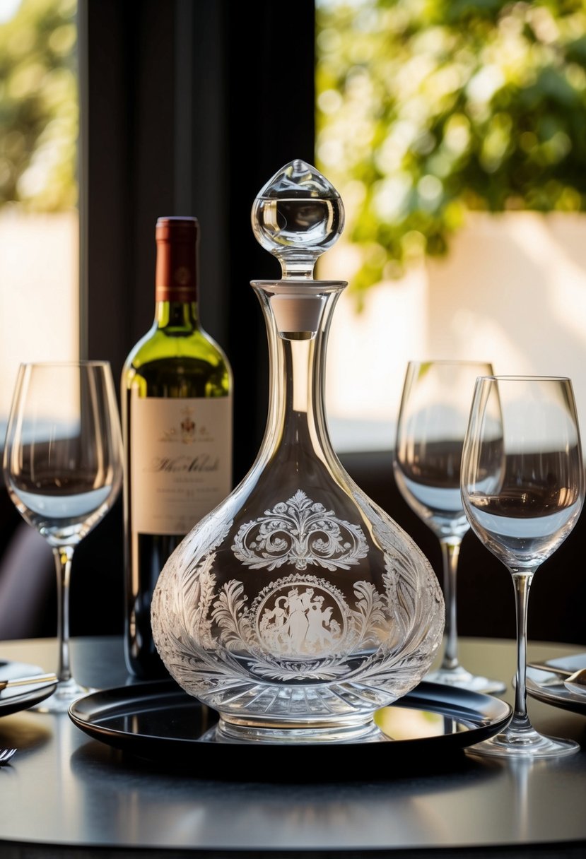 A beautifully engraved wine decanter sits on a table, surrounded by elegant glasses and a bottle of wine