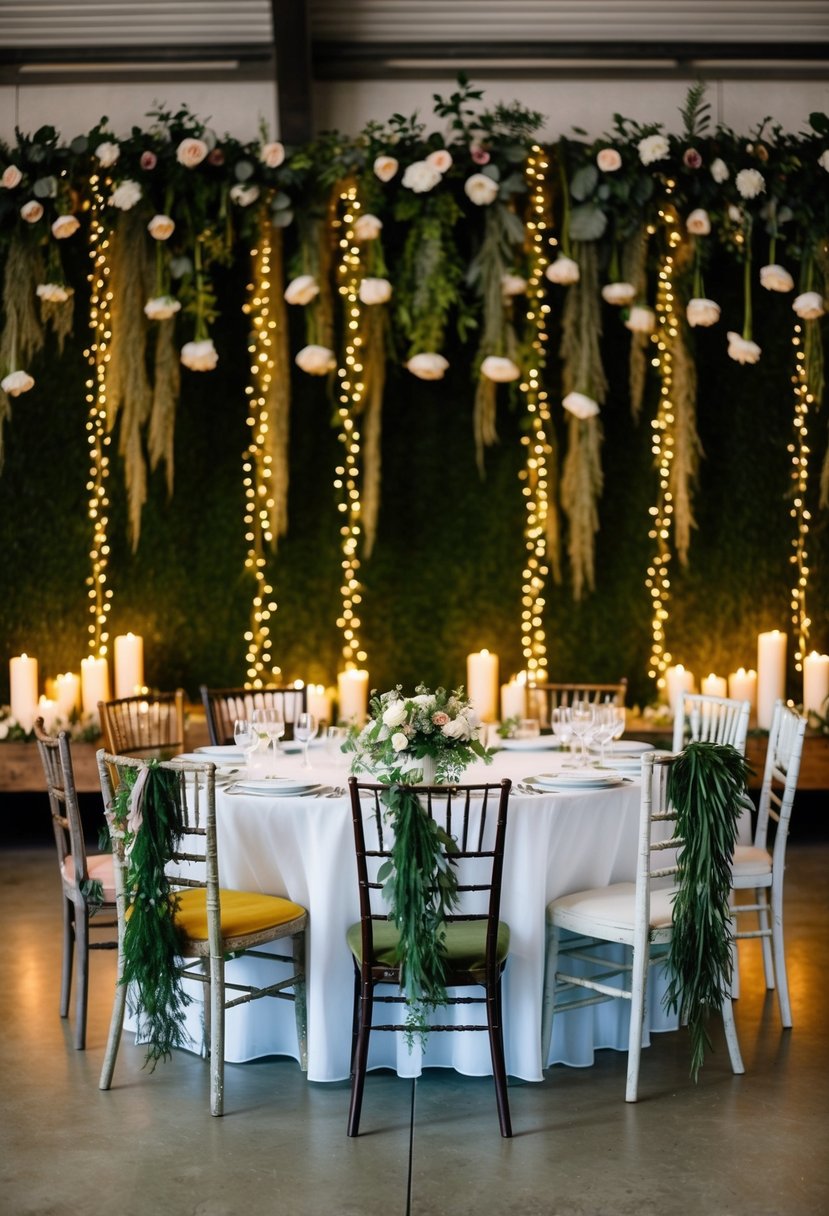 A circular head table with mismatched vintage chairs, draped with greenery and fairy lights, set against a backdrop of hanging floral arrangements and twinkling candles