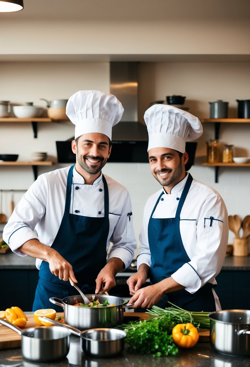 A cozy kitchen with two chefs cooking together, surrounded by pots, pans, and fresh ingredients. A wedding gift idea for a couple who has everything