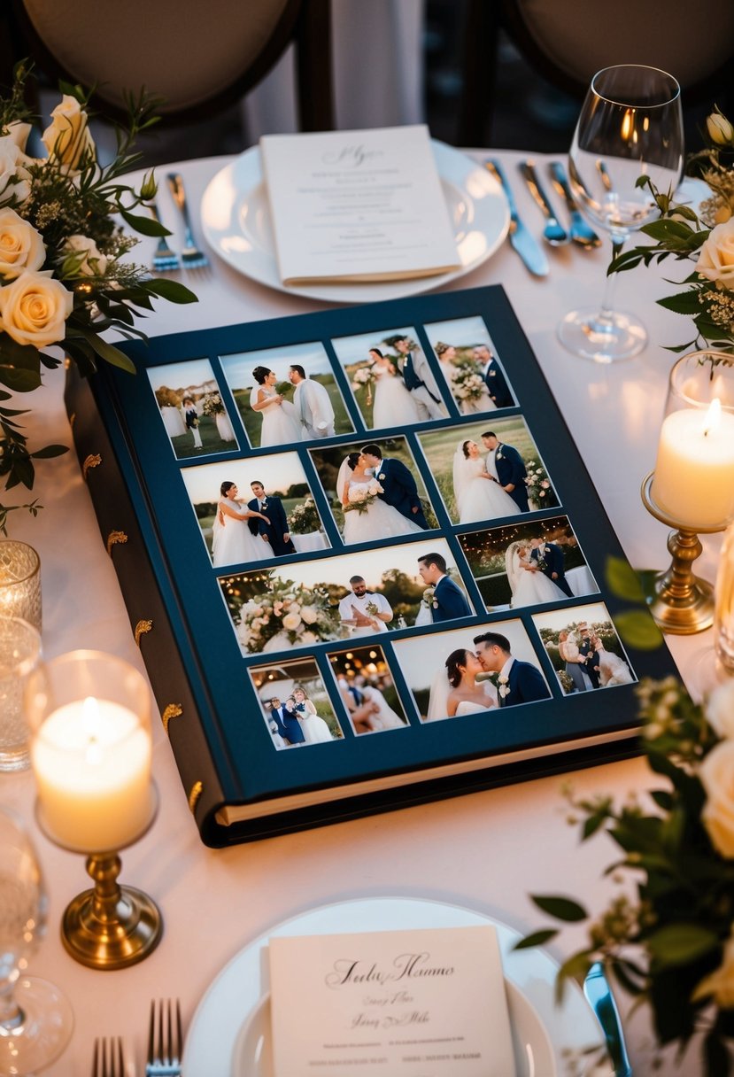 A custom photo album filled with wedding memories, surrounded by elegant flowers and a romantic candlelit dinner setting