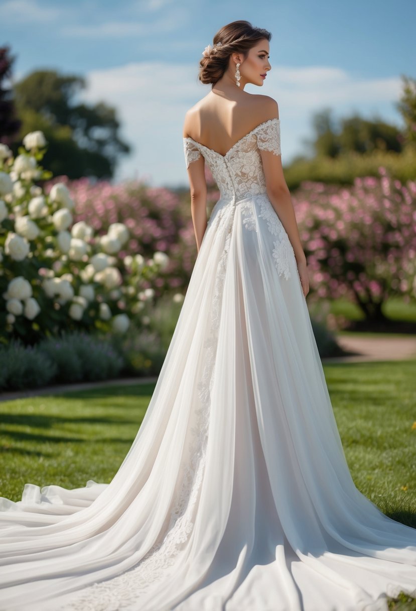 A flowing, off-the-shoulder gown with intricate lace details and a long, sweeping train, set against a backdrop of a romantic garden with blooming flowers