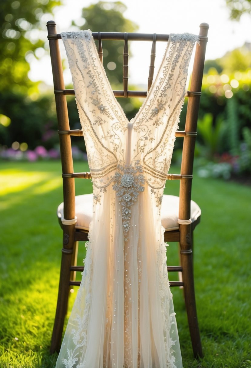 A boho-chic lace gown draped over a vintage wooden chair in a sunlit garden. Sparkling with delicate beading and intricate embroidery