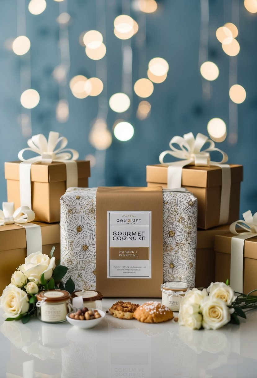 A beautifully wrapped gourmet cooking kit surrounded by wedding decor and gift boxes