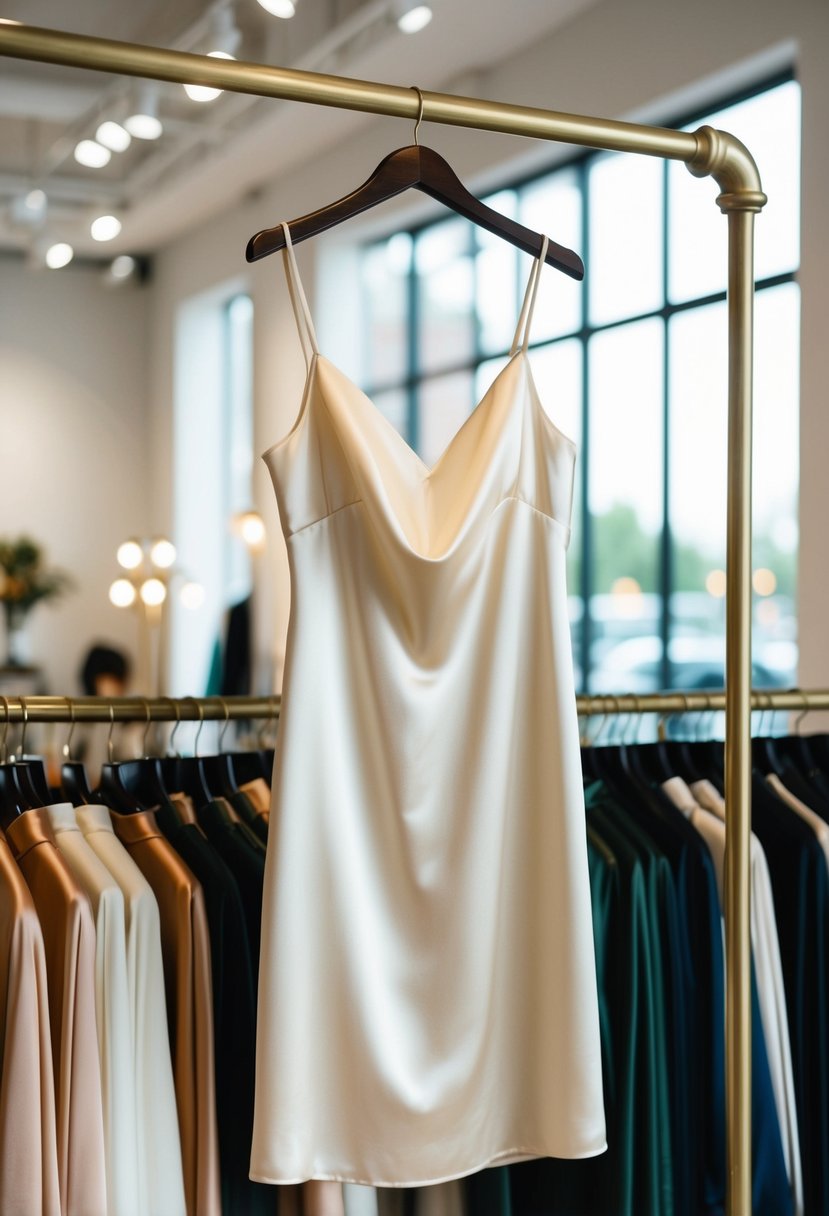 An elegant satin slip dress hanging on a vintage brass clothing rack in a softly lit boutique showroom