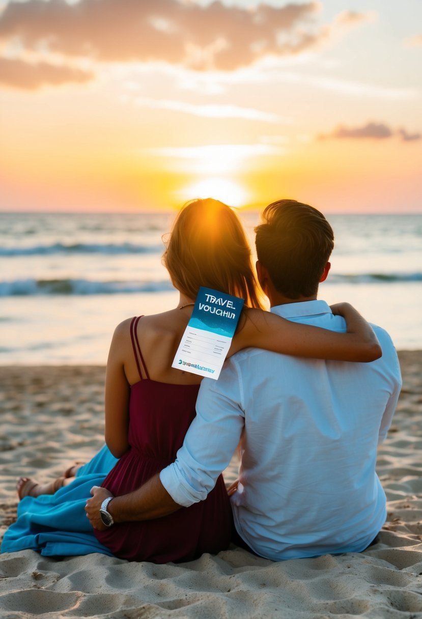 A couple sitting on a beach, watching a sunset, with a travel voucher in hand