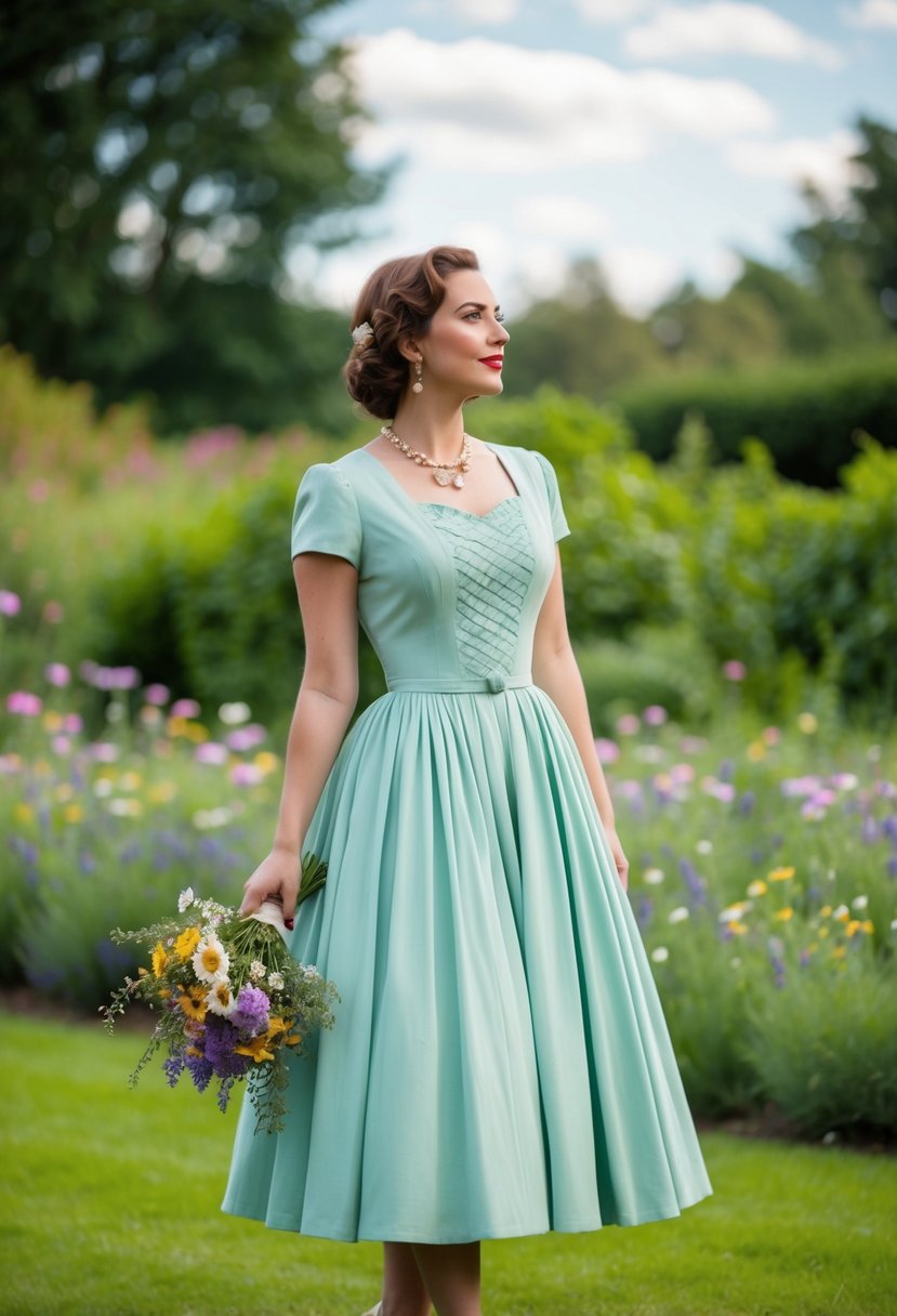 A woman in a vintage-inspired tea length dress, standing in a garden with a bouquet of wildflowers, looking off into the distance