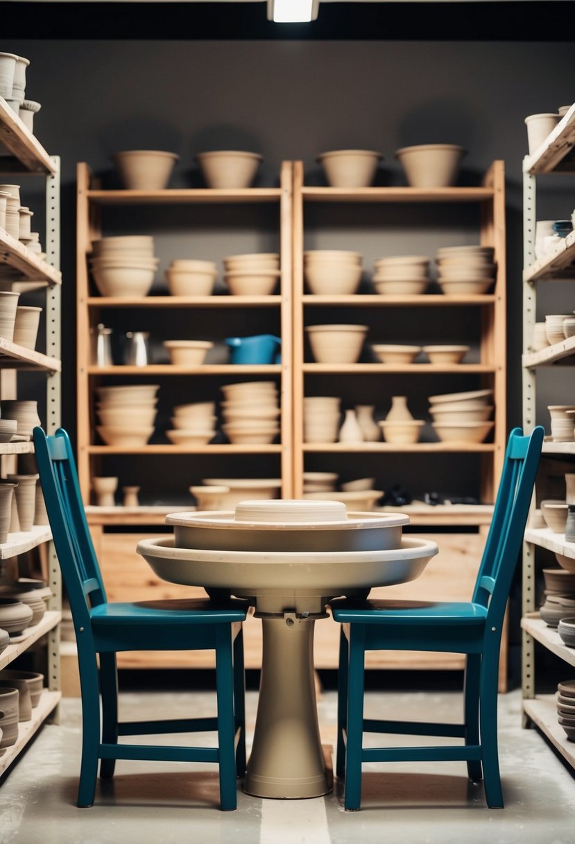 A pottery wheel with two chairs facing each other, surrounded by shelves of clay and pottery tools