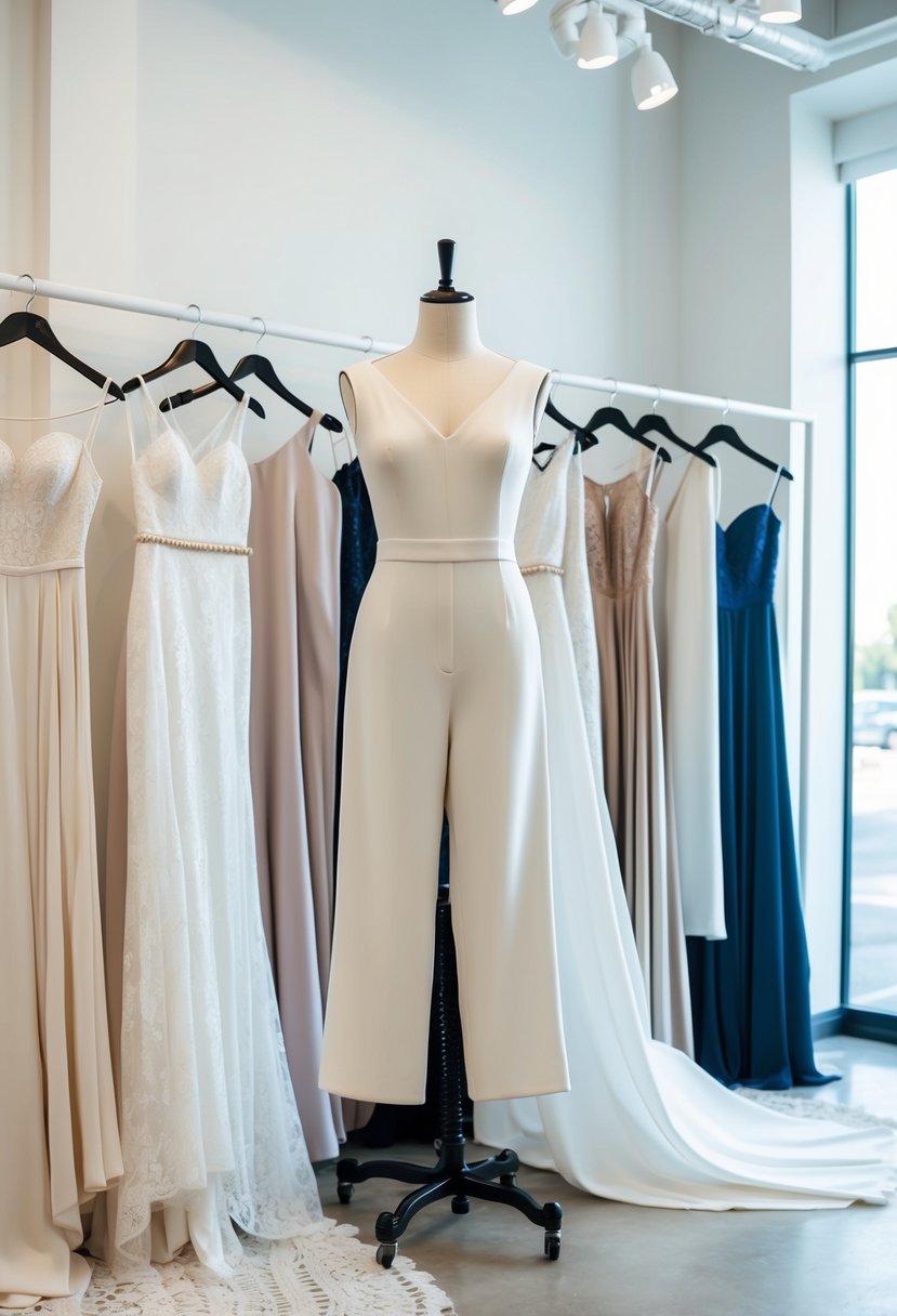 A modern jumpsuit ensemble displayed on a mannequin, surrounded by delicate lace and silk fabrics in a bright, minimalist bridal boutique