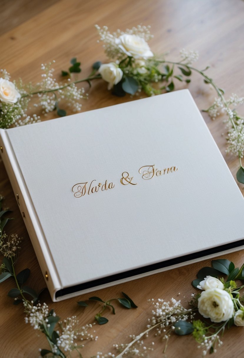 A custom-made wedding photo album with the couple's names engraved on the cover, surrounded by delicate floral decorations