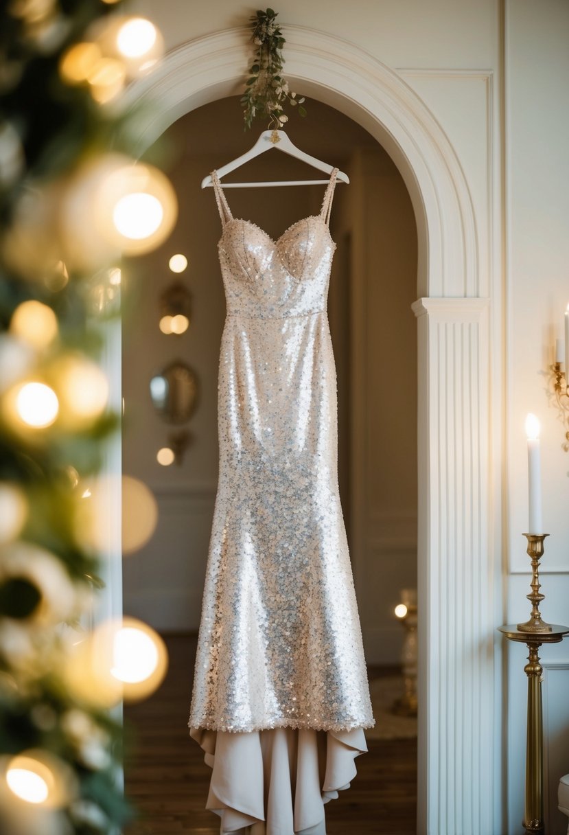 A sparkling sequin gown hangs on a vintage-style mannequin, surrounded by soft lighting and elegant decor