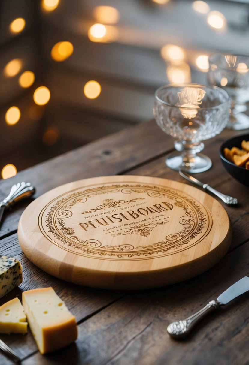 A beautifully engraved cheese board sits on a rustic wooden table, adorned with intricate designs and elegant lettering