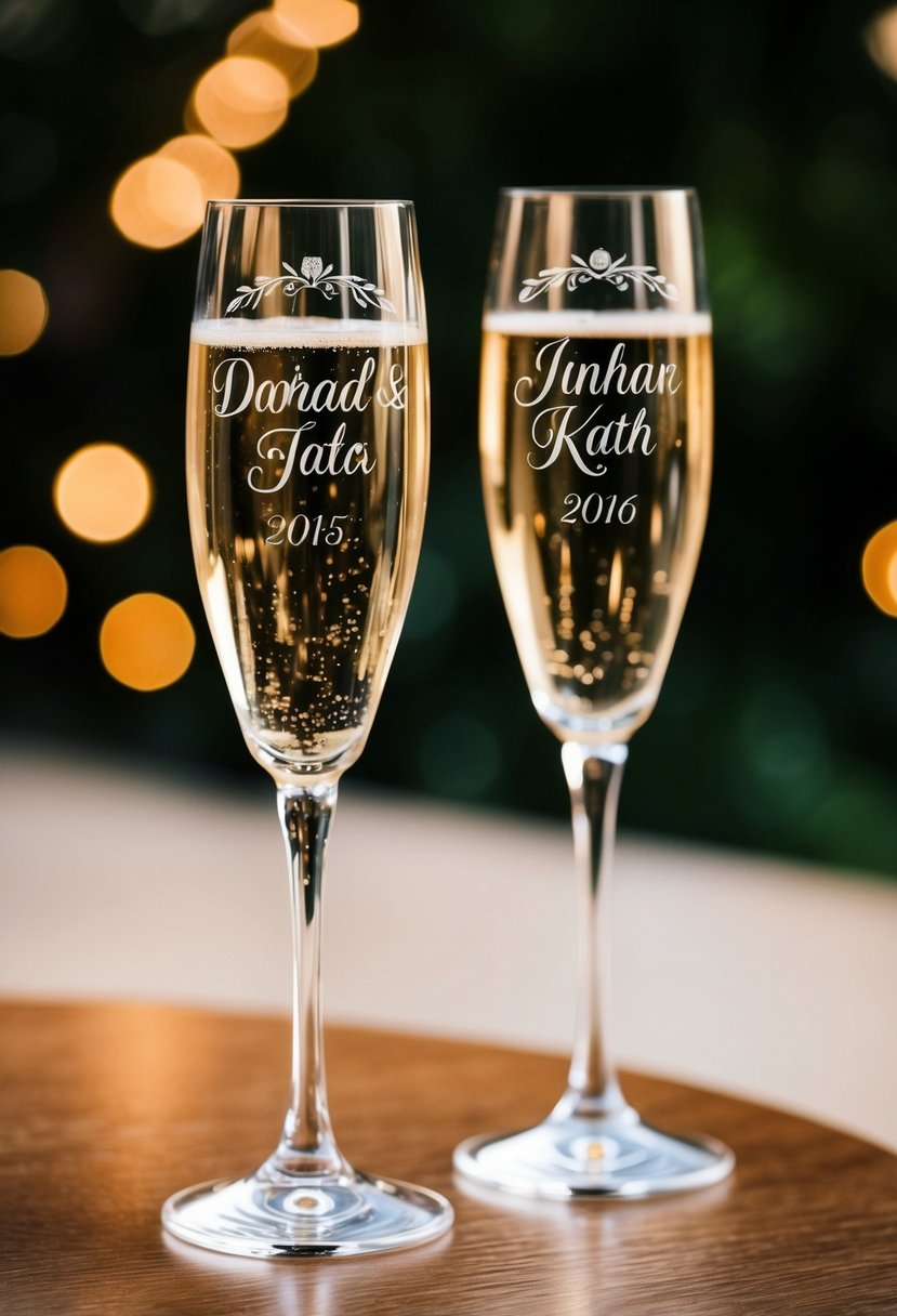 Two champagne flutes with engraved names and a wedding date