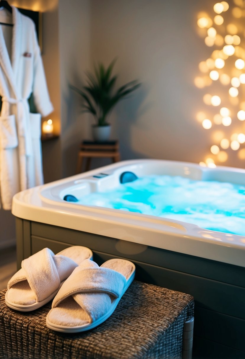 A serene spa room with two plush robes and slippers, a bubbling hot tub, and soft ambient lighting