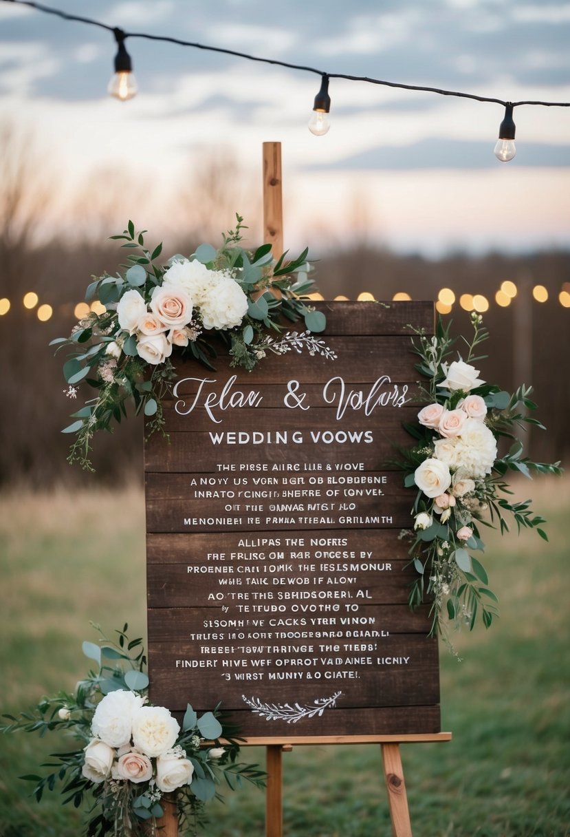 A couple's personalized wedding vows displayed on a rustic wooden sign, surrounded by delicate floral arrangements and twinkling fairy lights