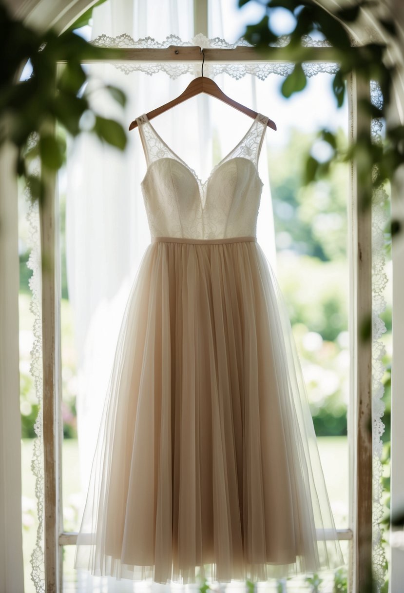 An elegant A-line tulle dress hanging on a vintage wooden hanger, surrounded by soft natural lighting and delicate lace details