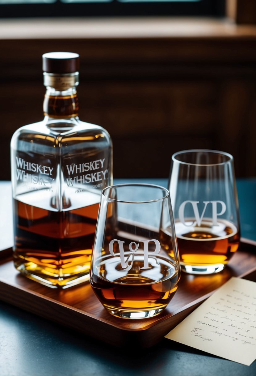 A whiskey glass set engraved with the couple's initials, placed on a wooden tray with a bottle of whiskey and a handwritten note