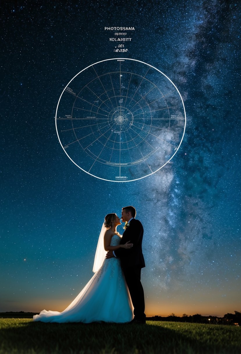 A couple standing under a starry night sky on their wedding night, with a custom star map of the night sky above them