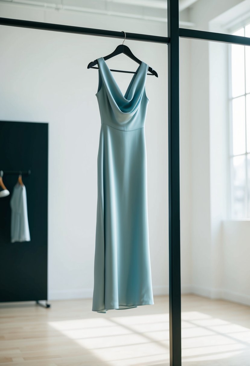 A simple, flowing silk sheath dress hanging on a sleek, modern clothing rack in a bright, airy studio space