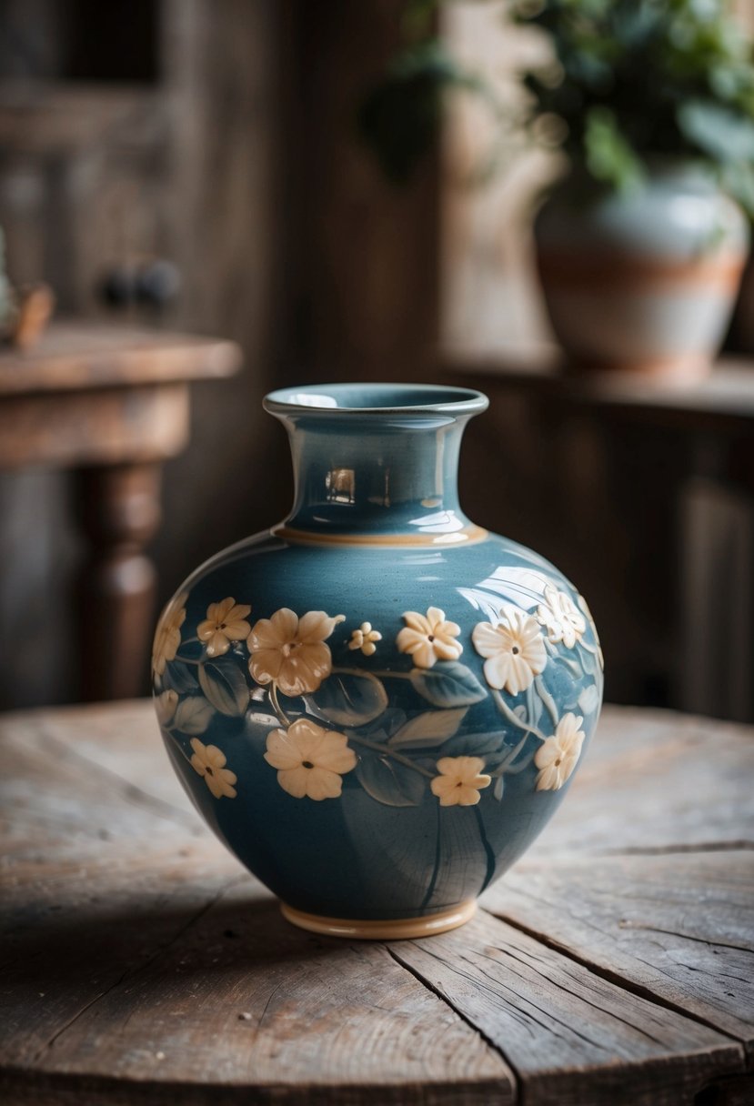 A beautifully crafted pottery vase sits on a rustic wooden table, adorned with delicate floral patterns and a glossy finish