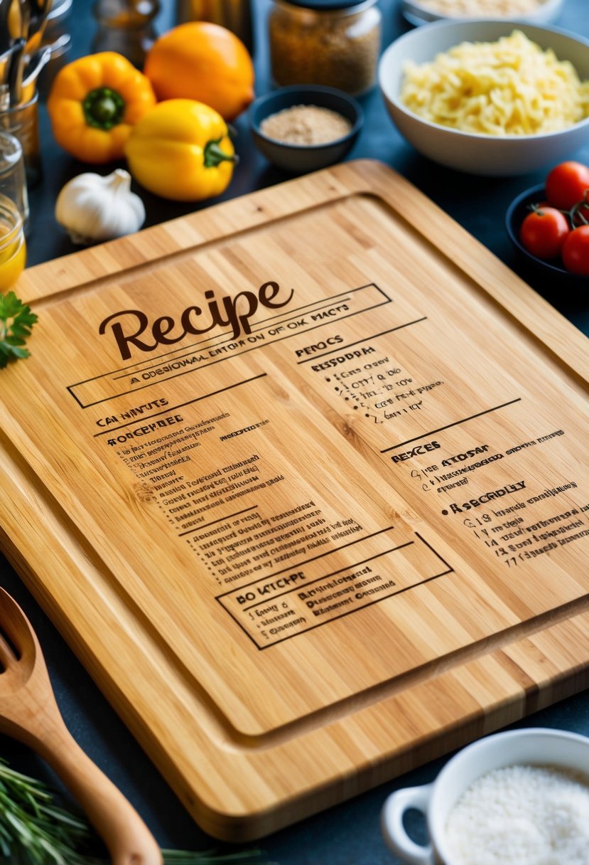 A wooden cutting board with a recipe engraved on the surface, surrounded by various kitchen utensils and ingredients