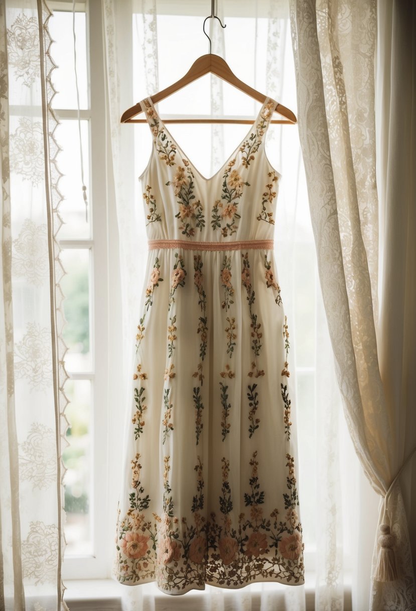 A delicate floral embroidered midi dress hangs on a vintage wooden hanger, surrounded by soft natural light filtering through lace curtains