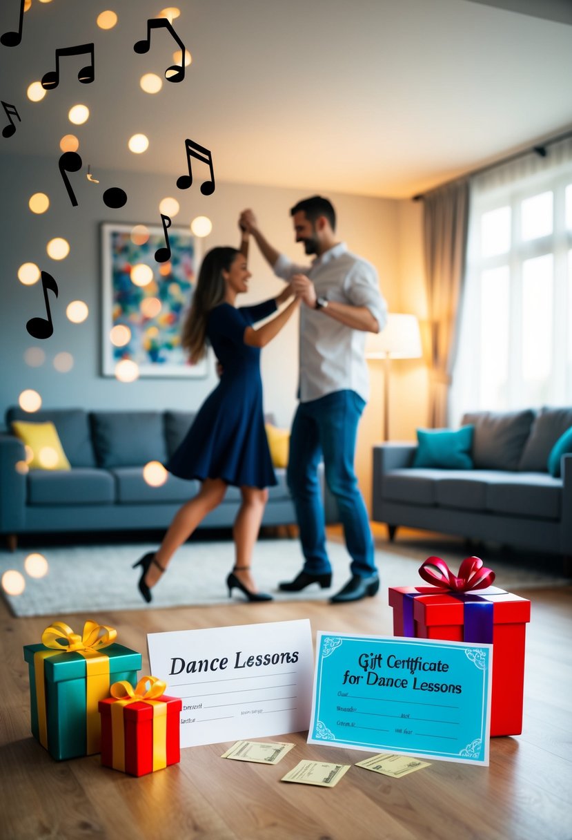 A cozy living room with a couple dancing, surrounded by music notes and a gift certificate for dance lessons