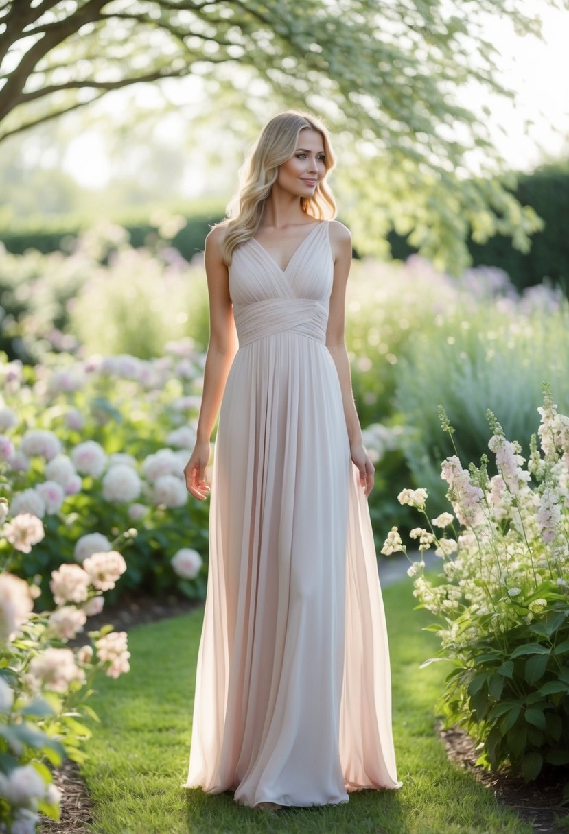 A flowing chiffon maxi dress in a garden, surrounded by soft, pastel flowers and delicate greenery. Sunlight filters through the trees, creating a dreamy, ethereal atmosphere