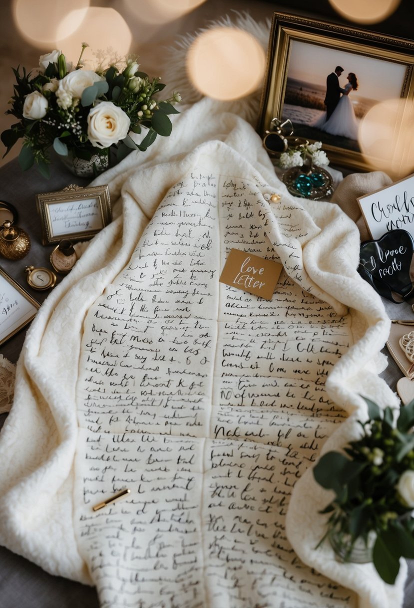 A cozy blanket covered in handwritten love letters, surrounded by wedding mementos and personalized trinkets