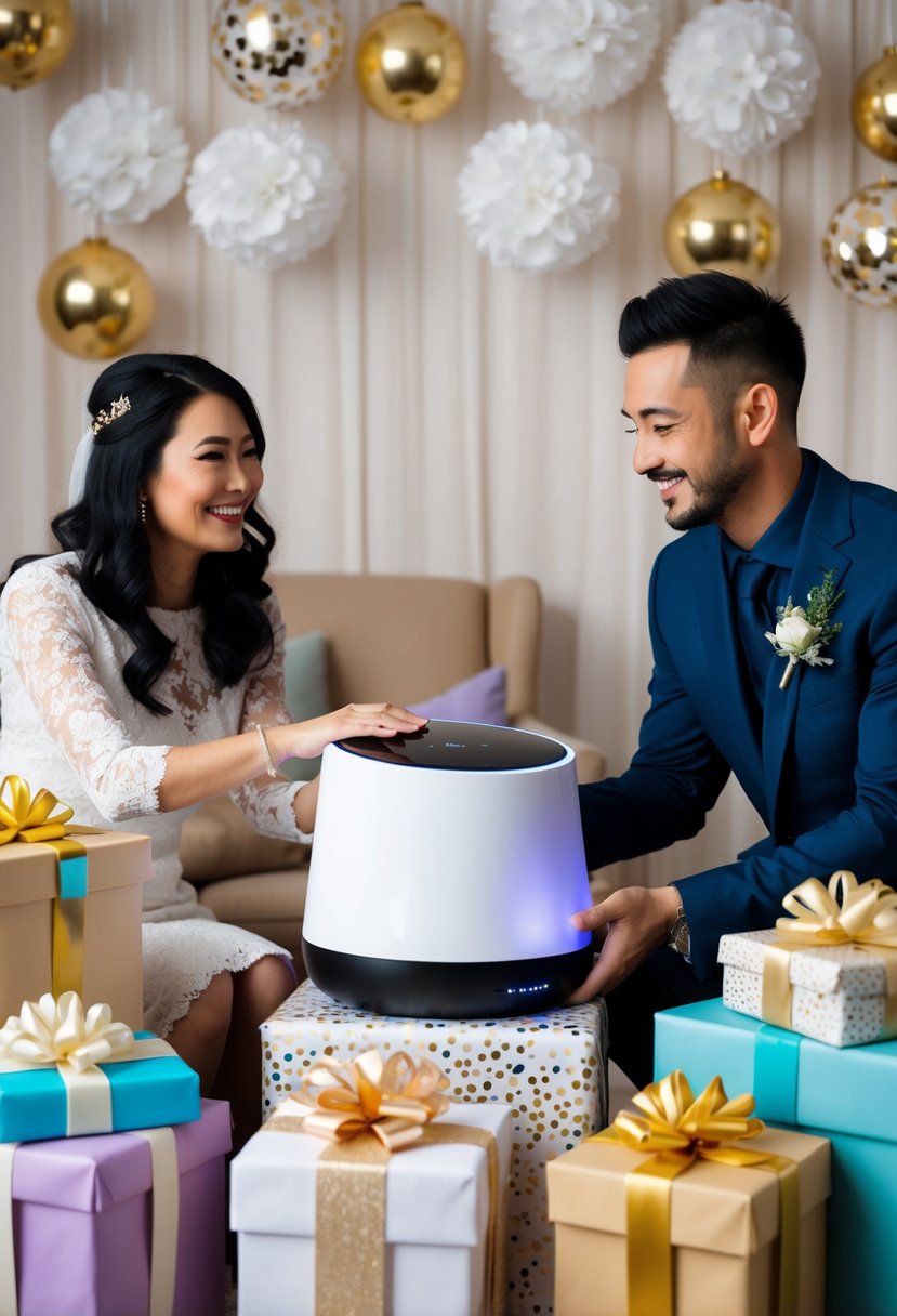 A couple receiving a smart home device as a wedding gift, surrounded by wrapped presents and celebratory decorations