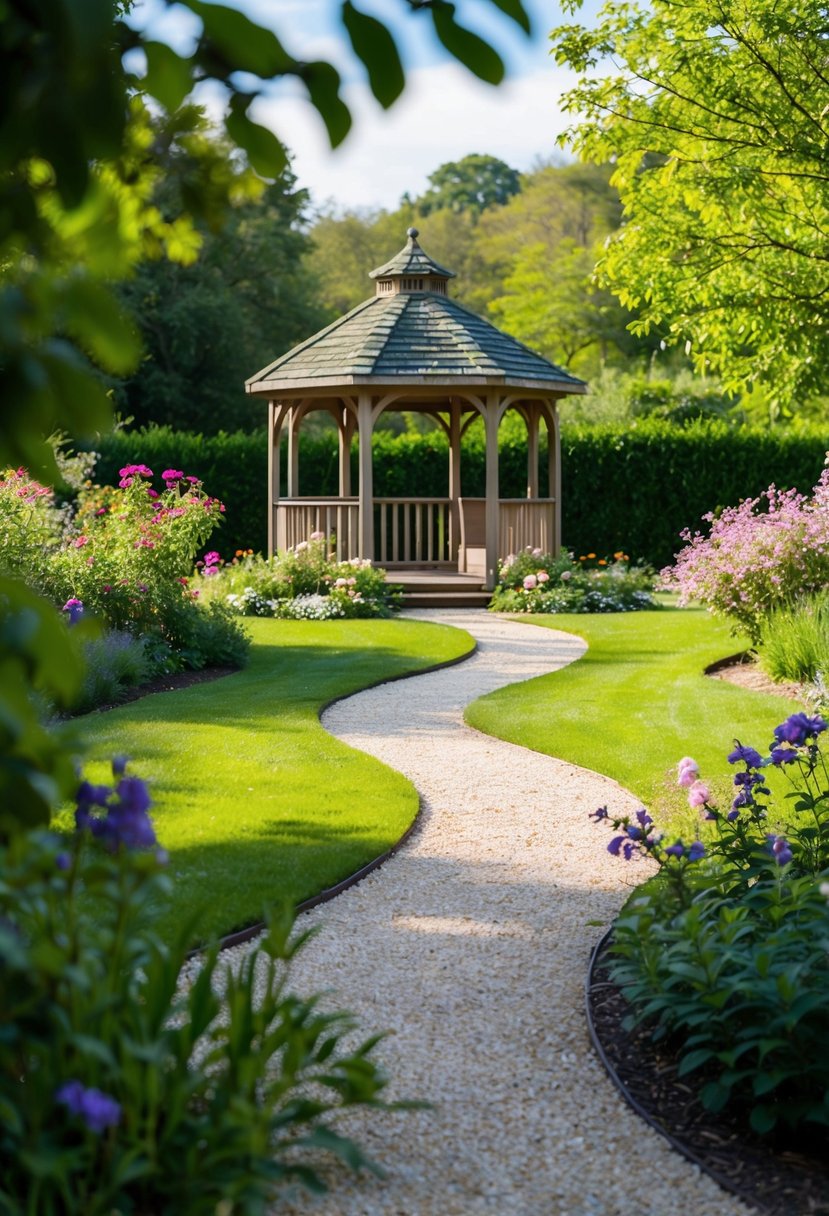 A serene garden with a winding path leading to a secluded gazebo, surrounded by blooming flowers and lush greenery