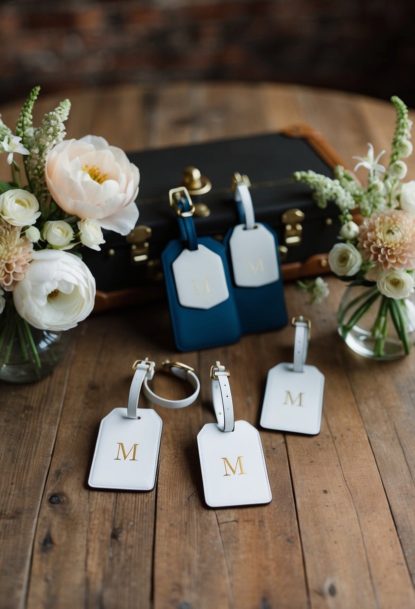 A set of monogrammed luggage tags displayed on a rustic wooden table, surrounded by delicate floral arrangements and a vintage suitcase