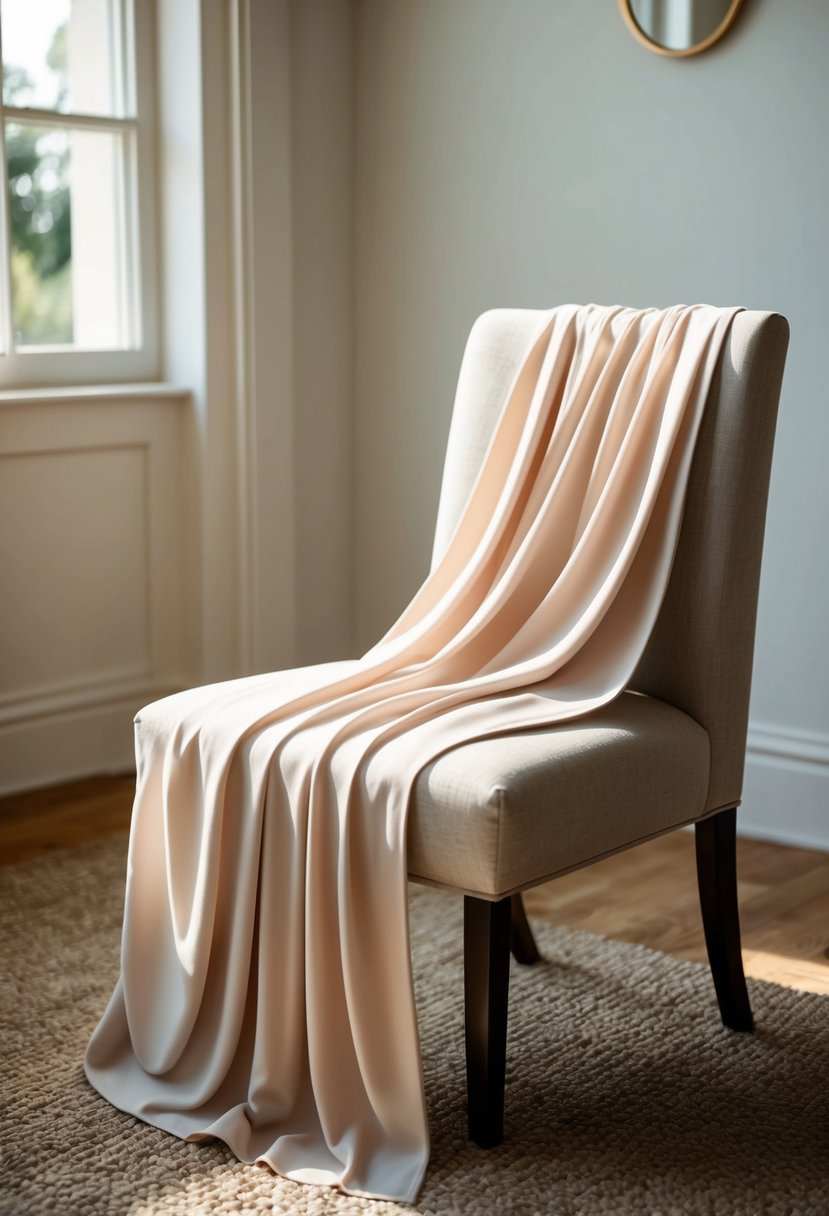 A convertible wrap dress in soft, flowing fabric, draped elegantly over a chair in a sunlit room