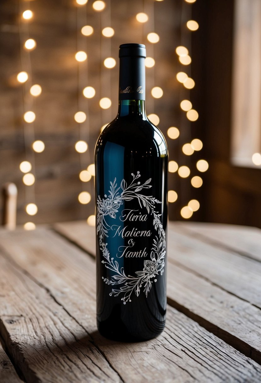 A beautifully engraved wine bottle sits on a rustic wooden table, adorned with delicate floral designs and the couple's names, creating a thoughtful wedding gift