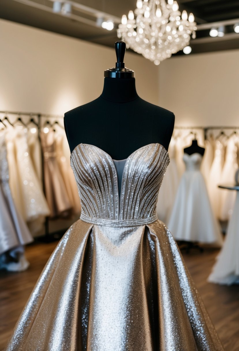 A shimmering metallic gown draped over a mannequin in a softly lit bridal boutique