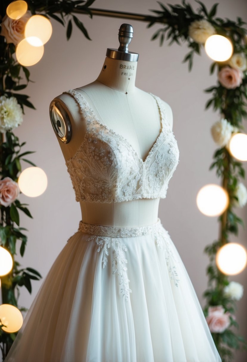 A delicate two-piece bridal set displayed on a vintage dress form, surrounded by soft lighting and floral accents