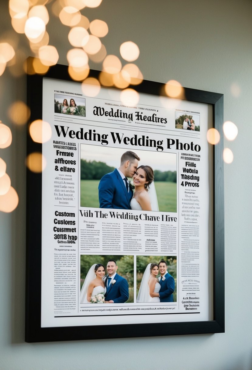 A custom newspaper front page with wedding headlines and photos framed on a wall