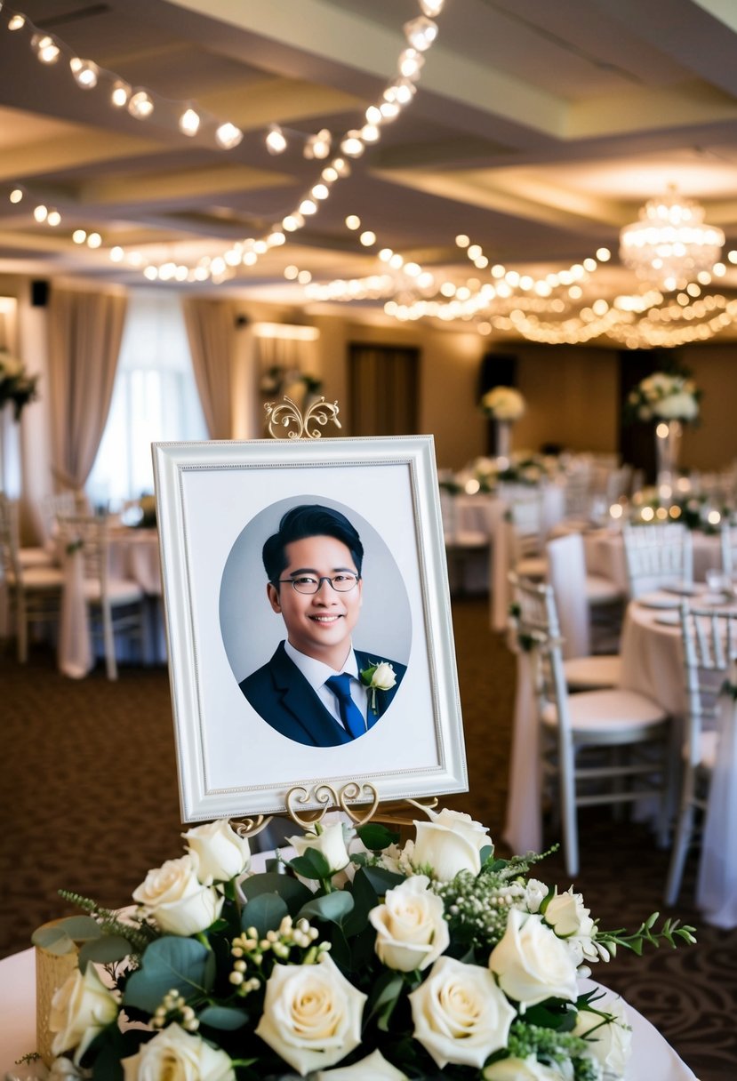 A beautifully decorated wedding venue with a customized portrait displayed prominently as a thoughtful and personalized wedding gift idea