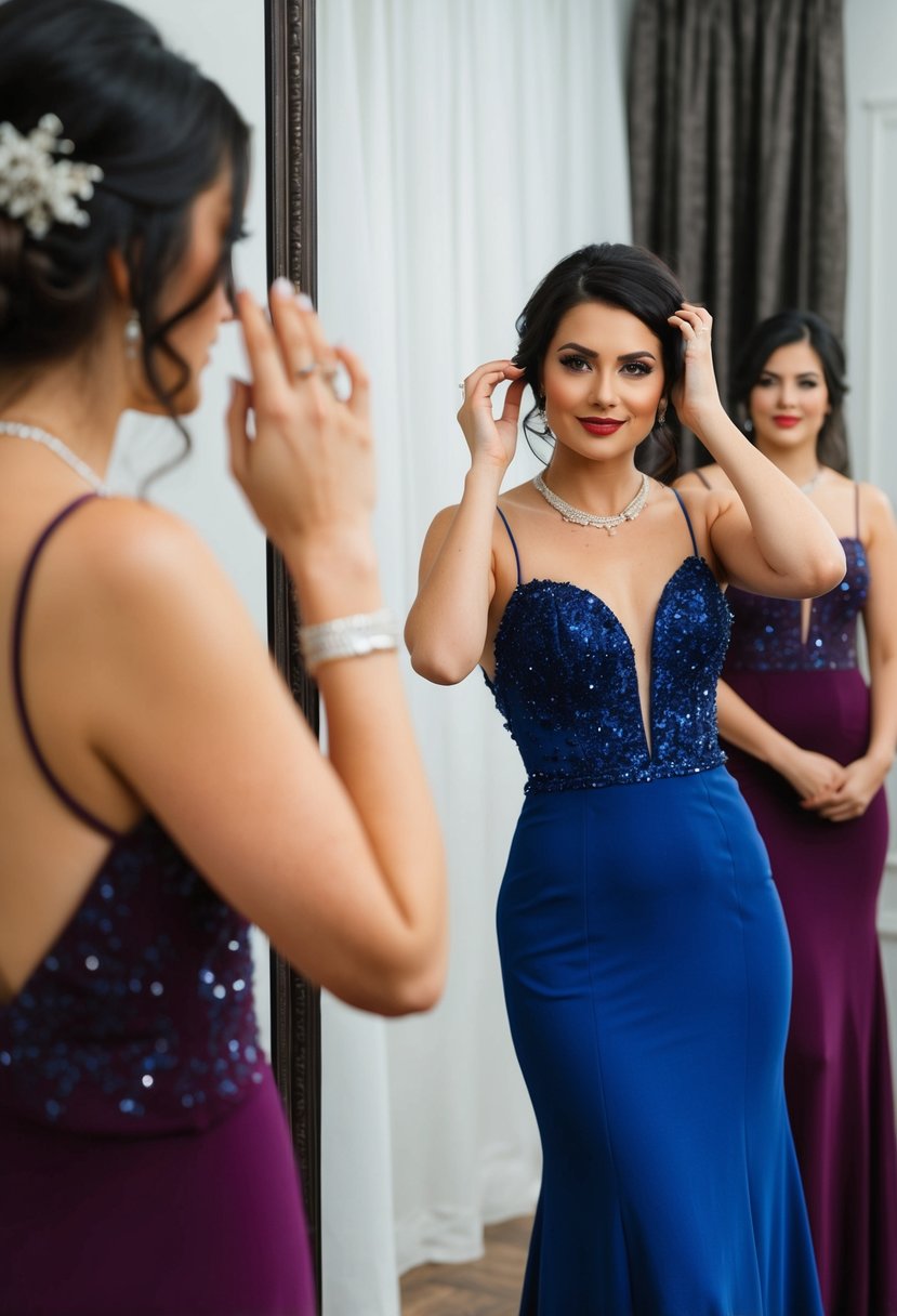 A woman in a cocktail-length reception dress, standing in front of a mirror, adjusting her hair and admiring her reflection