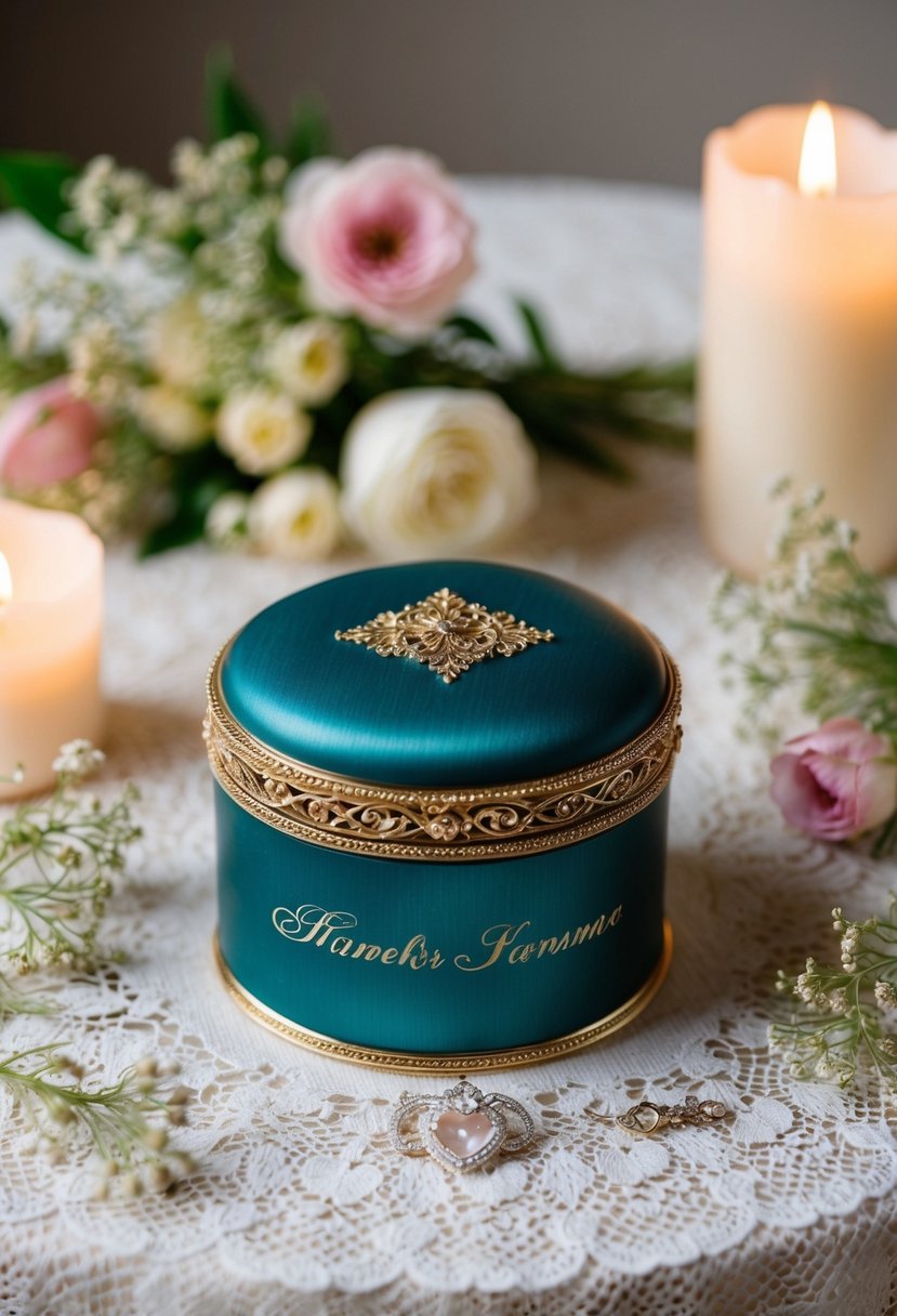 An ornate jewelry box with engraved names sits on a lace-covered table, surrounded by delicate flowers and soft candlelight